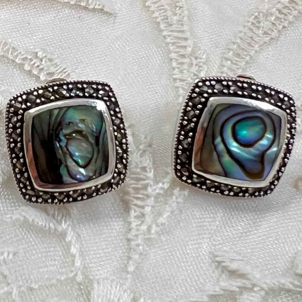 Sterling Silver 925 Abalone & Marcasite Pierced Earrings Signed KTH, 7.6 grams
